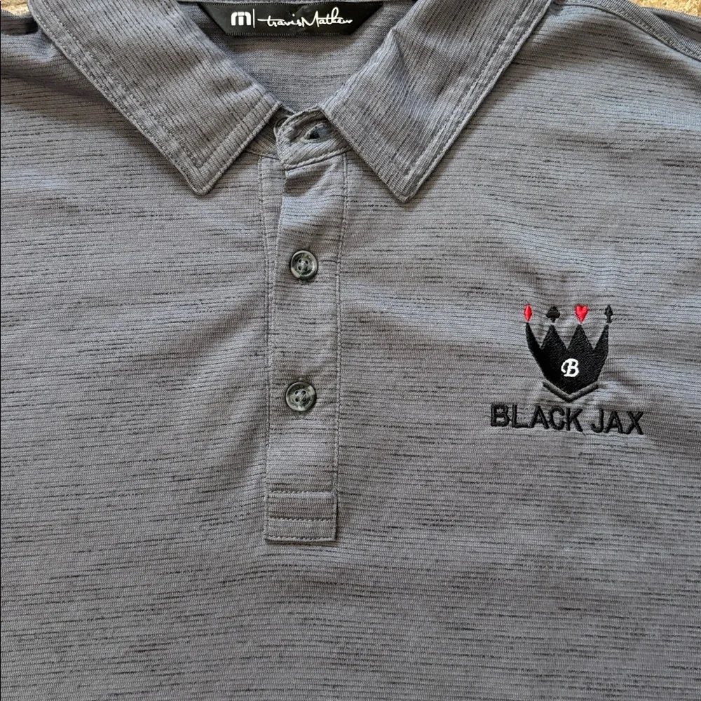 Travis Mathew Black Gray Heathered Golf Polo with Black Jax Logo Size L
